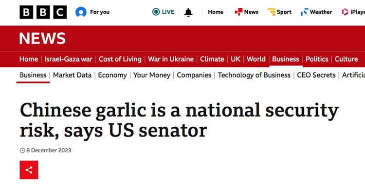 Chinese garlic threat to US BBC China hate headline