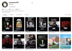 Anna Chen TikTok profile page - poetry videos