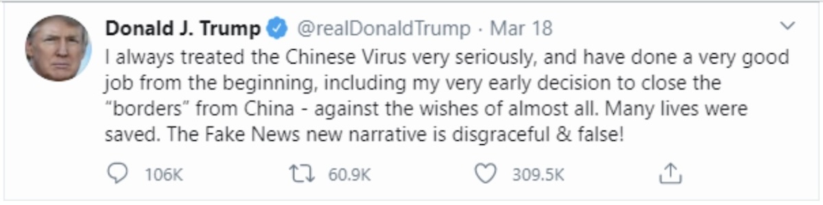 Trump Chinese Virus tweet 18 March 2020
