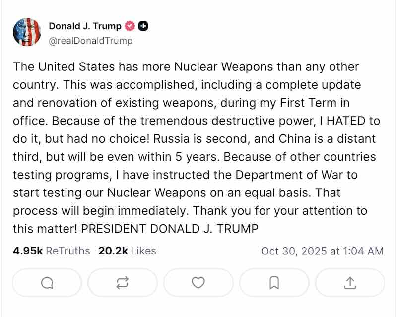 Trump nuclear weapons post 30 October 2025.