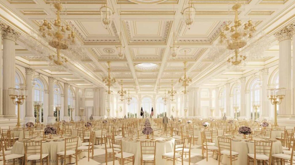 Donald Trump's $350 million dollar gold ballroom replacing the historic East Wing at the White House. WWII bunker expanded.