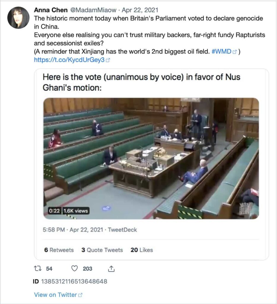 UK Parliament vote on Xinjiang 22 April 2022.