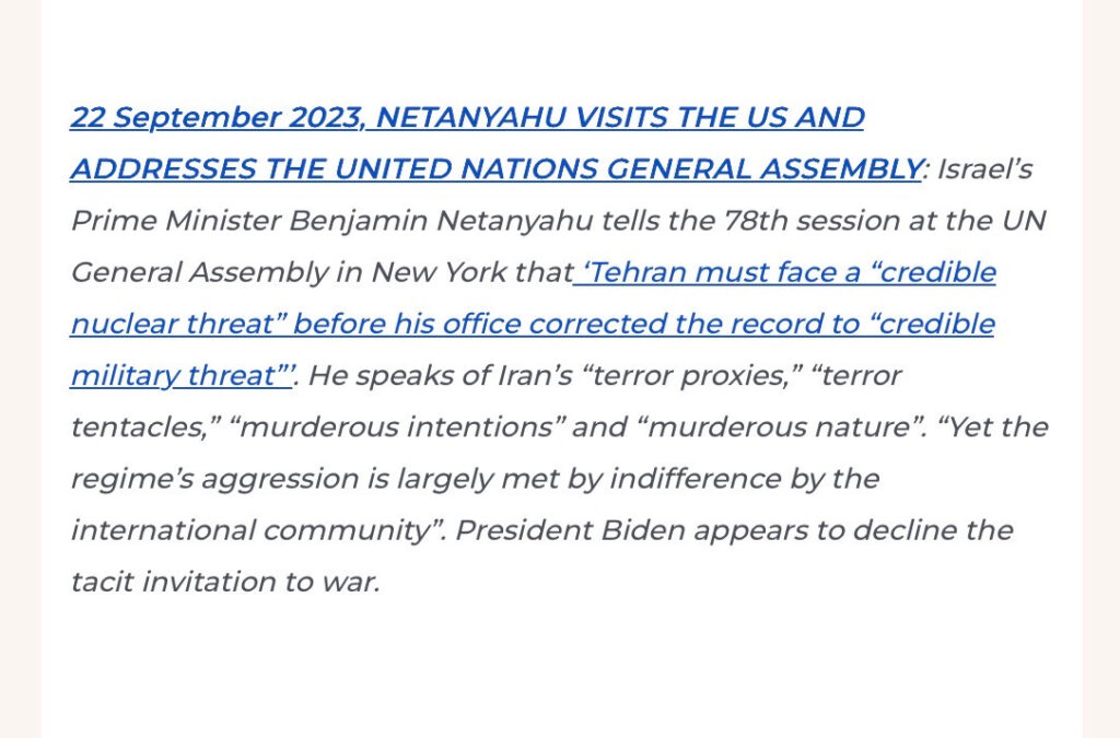 Netanyahu addresses UN General Assembly 22 September 2023. Shakedown Timeline, page 3 - Anna Chen