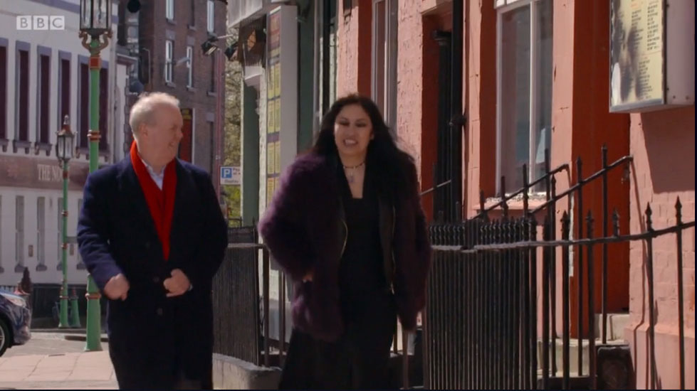 Ian Hislop and Anna Chen recording Who should we let In? for the BBC in Liverpool Chinatown